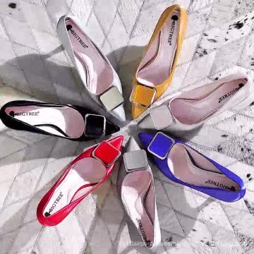 2020 new arrivals  verified supplier large size 43 heel cup metal button satin fabric high heels pump shoes women dress